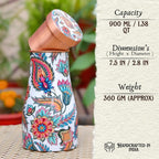 RUSTIC RELICS Meena Print Copper Water Bottle Jar - 1L | With Inbuit Glass In Lid | Beautiful And Elegant Meena Print Design | Kitchen And Bedroom Sugar Water Storage Pot