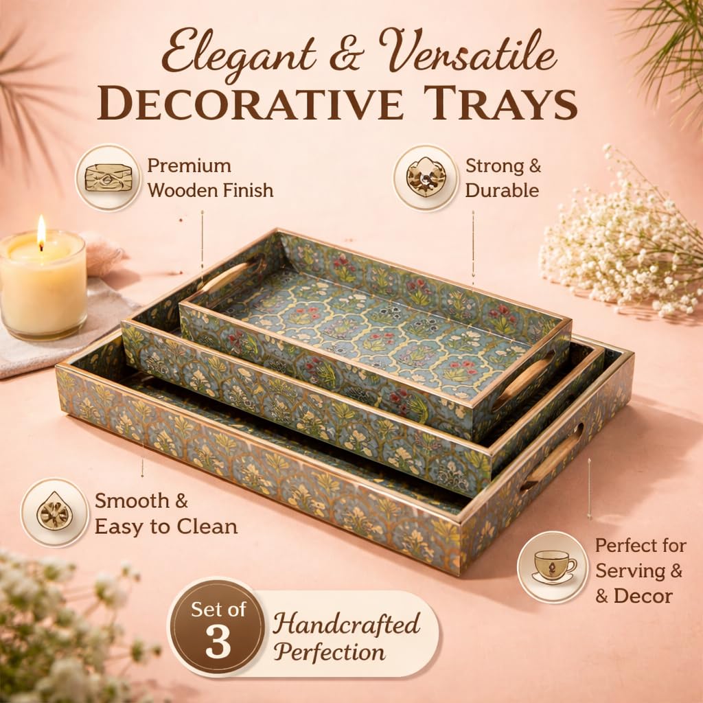 Amimashop® Wooden Serving Tray Set of 3 with Handles – 16, 14 & 12 Inch Rectangular Decorative Tray | Green Floral Gold Engraving Waterproof Tea Coffee Serving Tray | Wooden Tray Set