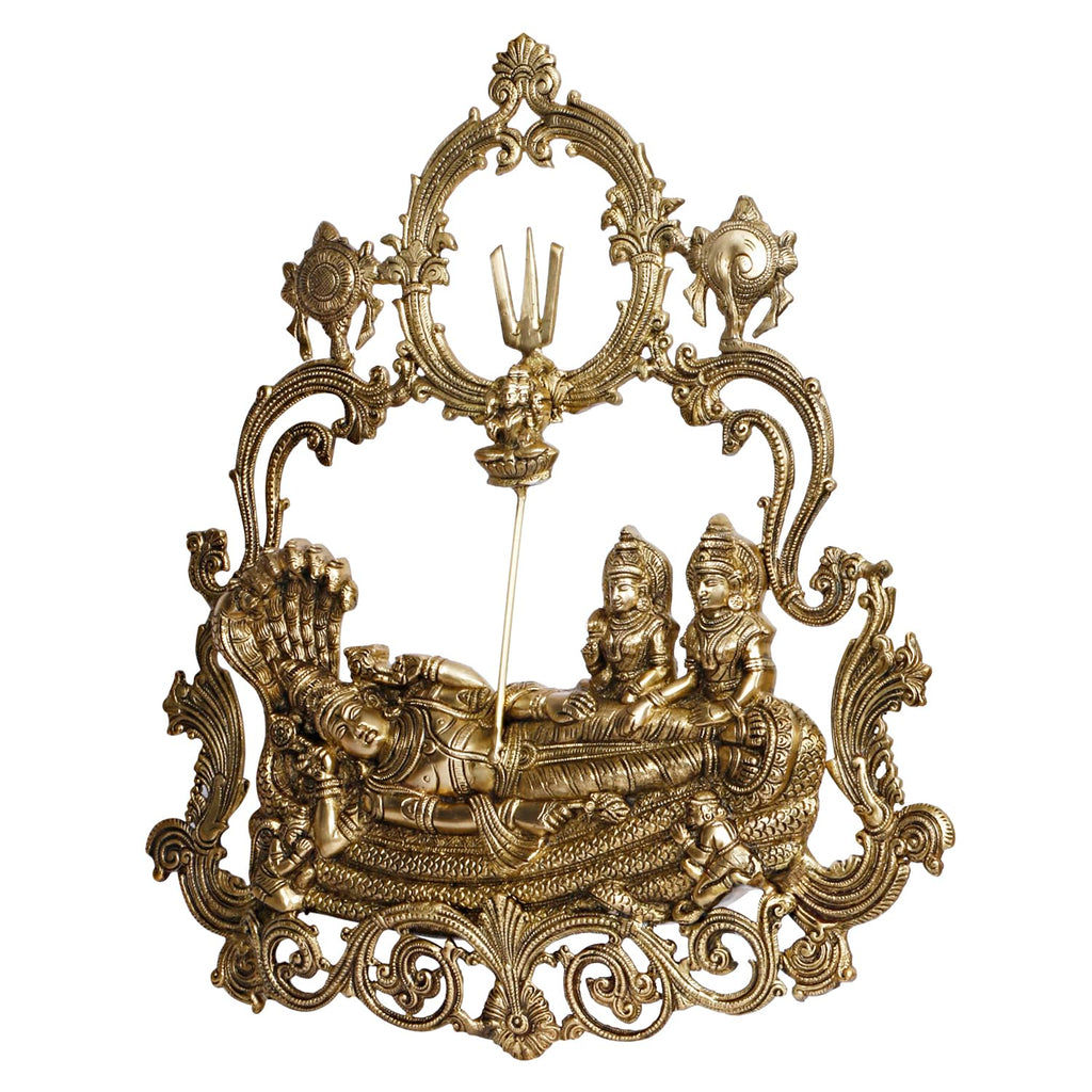 ARTVARKO Big Brass Rare Vishnu Laxmi Sitting on Sheshnaag Wall Hanging Brahma from Navel Murti Lord Bhagwan Narayan Lakshmi Statue 60 cm