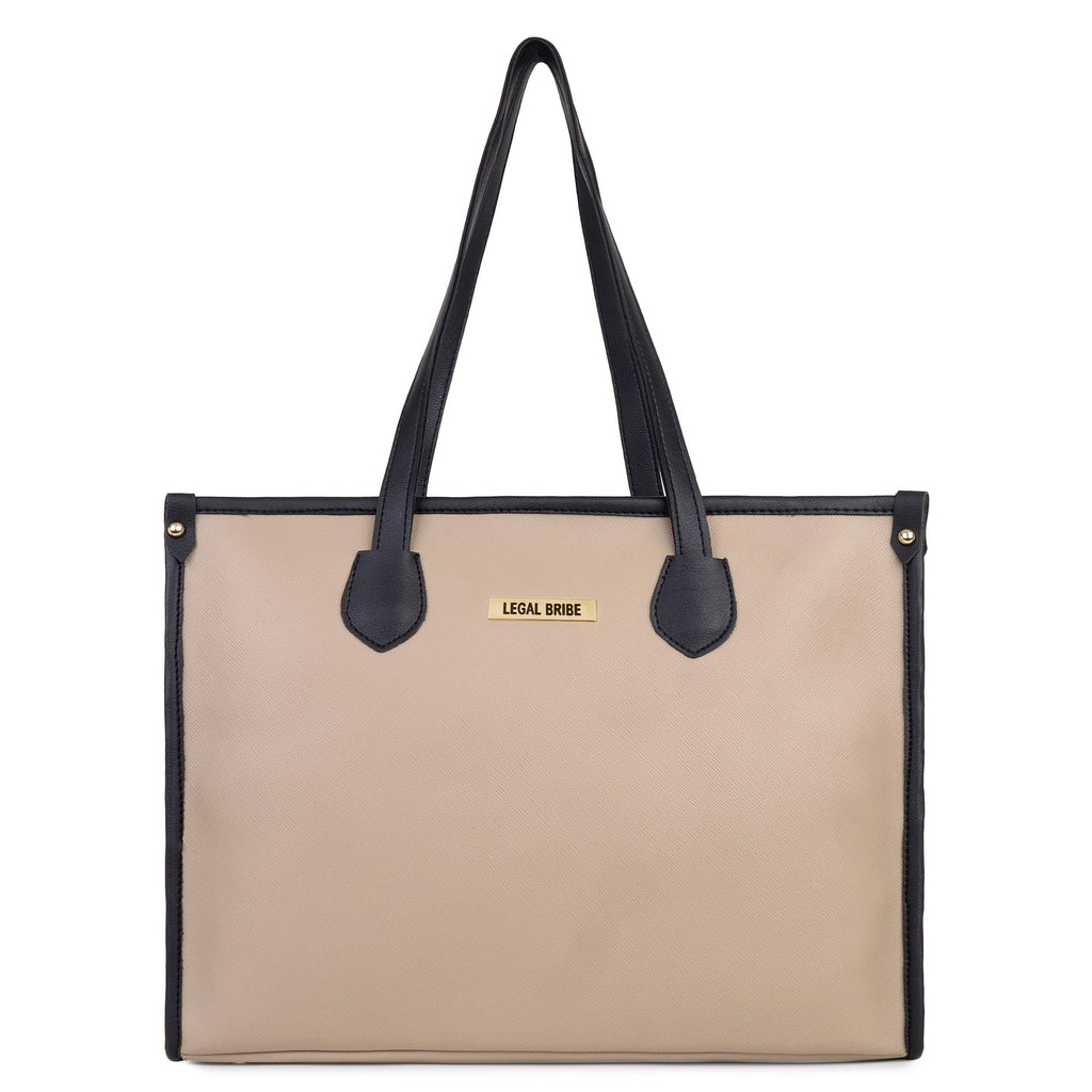 LEGAL BRIBE Women's Textured Tote Bag (Beige/Black)