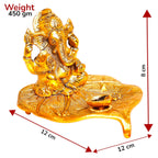 KridayKraft Metal Ganesha Sitting on Leaf Patta with Diya Deepak Home Office Temple Pooja/Festival Good Luck/Wishes/Diwali/Gifting Ganesh Gold Polish (12 x12 x 8 cm)