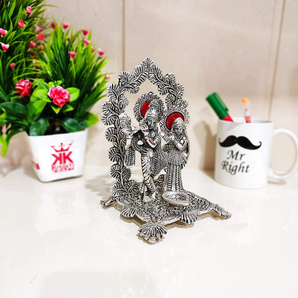 Prince Home Decor & Gifts Radha Krishna Playing Flute Under Kadam Tree Flower Silver Plated Showpiece Statue