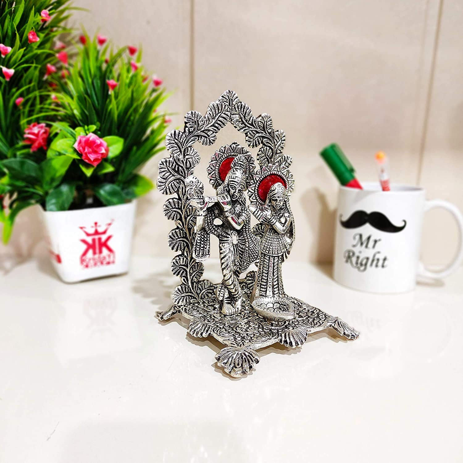 Prince Home Decor & Gifts Radha Krishna Playing Flute Under Kadam Tree Flower Silver Plated Showpiece Statue