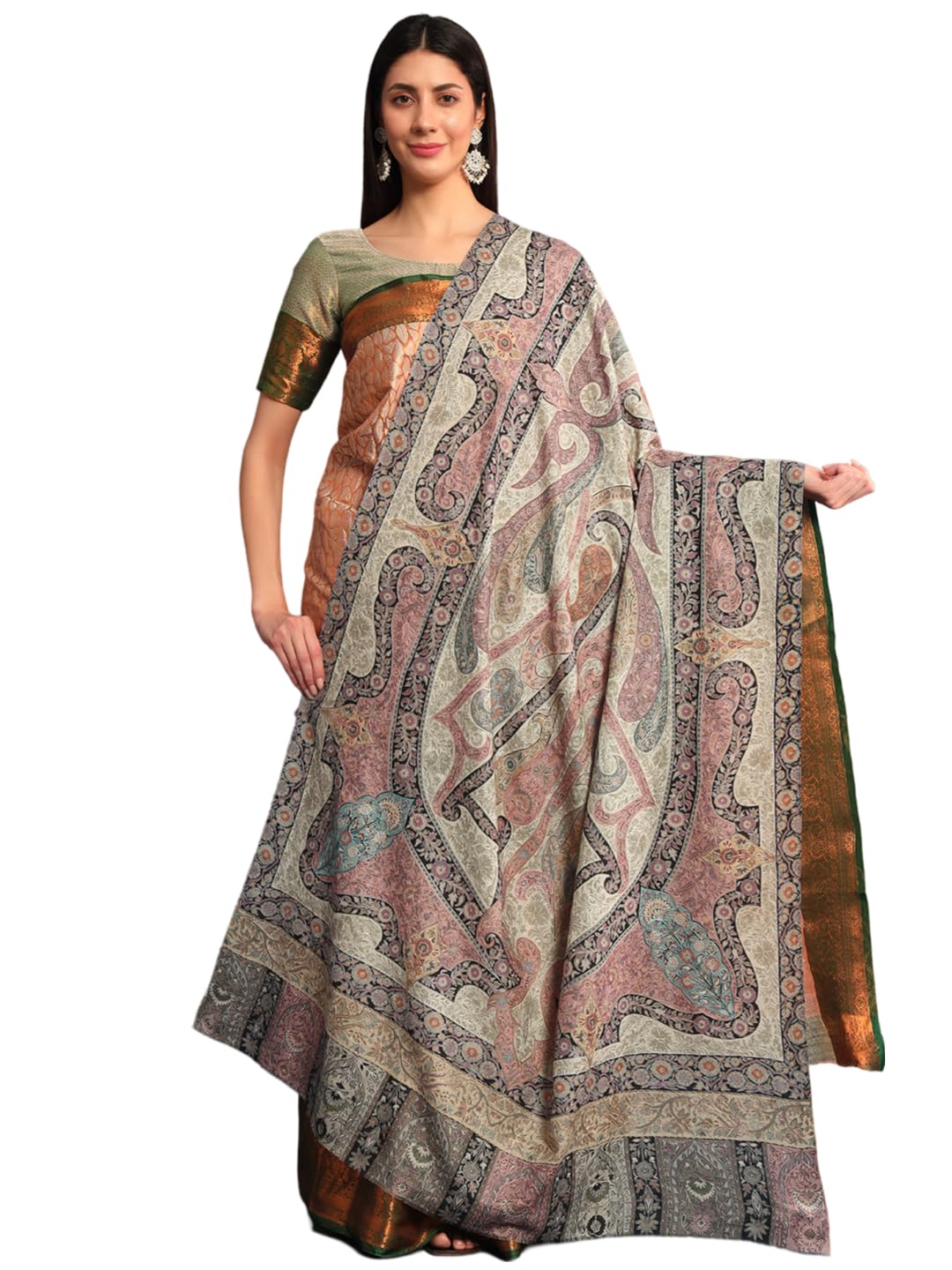 Pashmoda Women Safa Fine Wool Fabric Pashmina Kalamkari Embroidered Shawl, Stole and Wrap, Sustainable and Natural Fabric, Heritage Kashmiri Pashmina(Size 45x90)