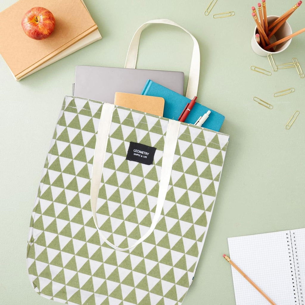 Blissowl Cotton Canvas Tote Bag with Zipper, Large Capacity Shopping Bags, Reusable Printed Bags for Grocery, Shopping, Work & Beach - White and Green (16.5 x 14.5Inch)