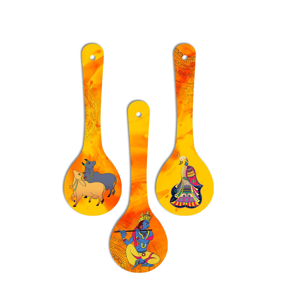 Artvibes Depecting Shri Krishna And Cows Indian Folk Art Wooden Wall Hanger for Home | Spiritual Decor Items | Wall Illustrations | Artwork| Stylish Modern Decor Item | Gift Items (WH_5006N), Set of 3