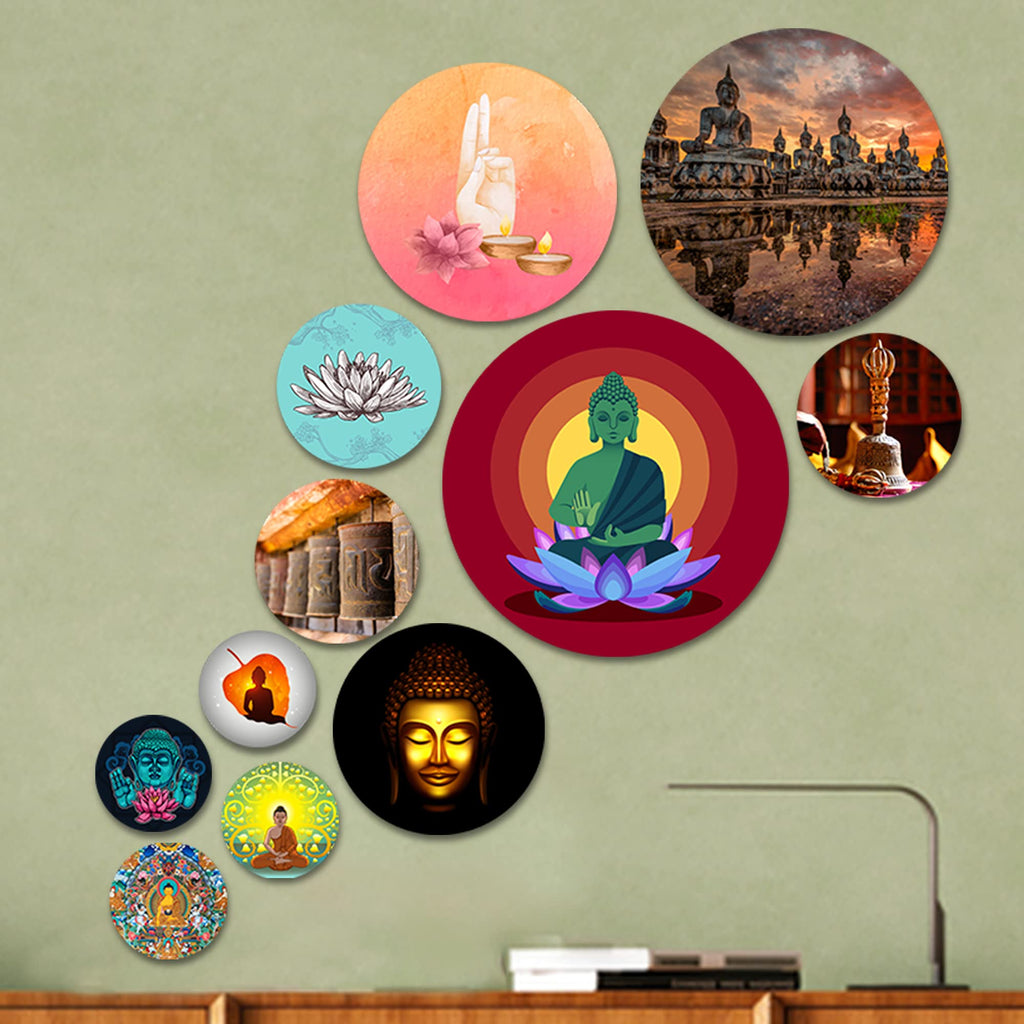 Artvibes Spiritual Buddha Meditation Round Shape MDF Wooden Wall Decor Items | Wall Art Painting For Hall | Wall Paintings | Handcrafted Art | Ethnic Wall Decor | Gift Items (WPS_110NN), Set of 11