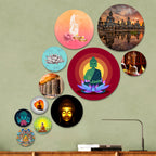 Artvibes Spiritual Buddha Meditation Round Shape MDF Wooden Wall Decor Items | Wall Art Painting For Hall | Wall Paintings | Handcrafted Art | Ethnic Wall Decor | Gift Items (WPS_110NN), Set of 11