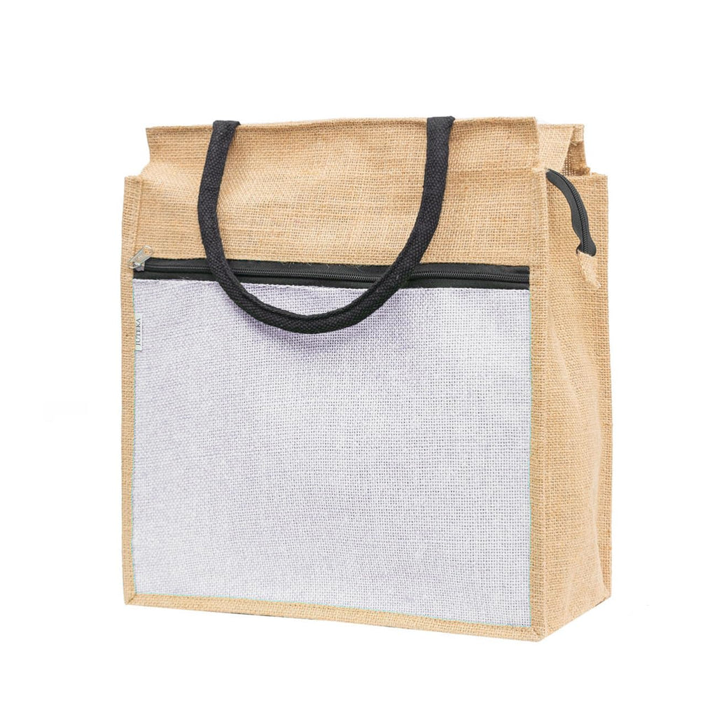 JUTEKA Front Zip Pocket white color Jute Bag for Lunch, Office, Grocery, Picnic, Tiffin, Shopping Hand Bag with padded cotton handles
