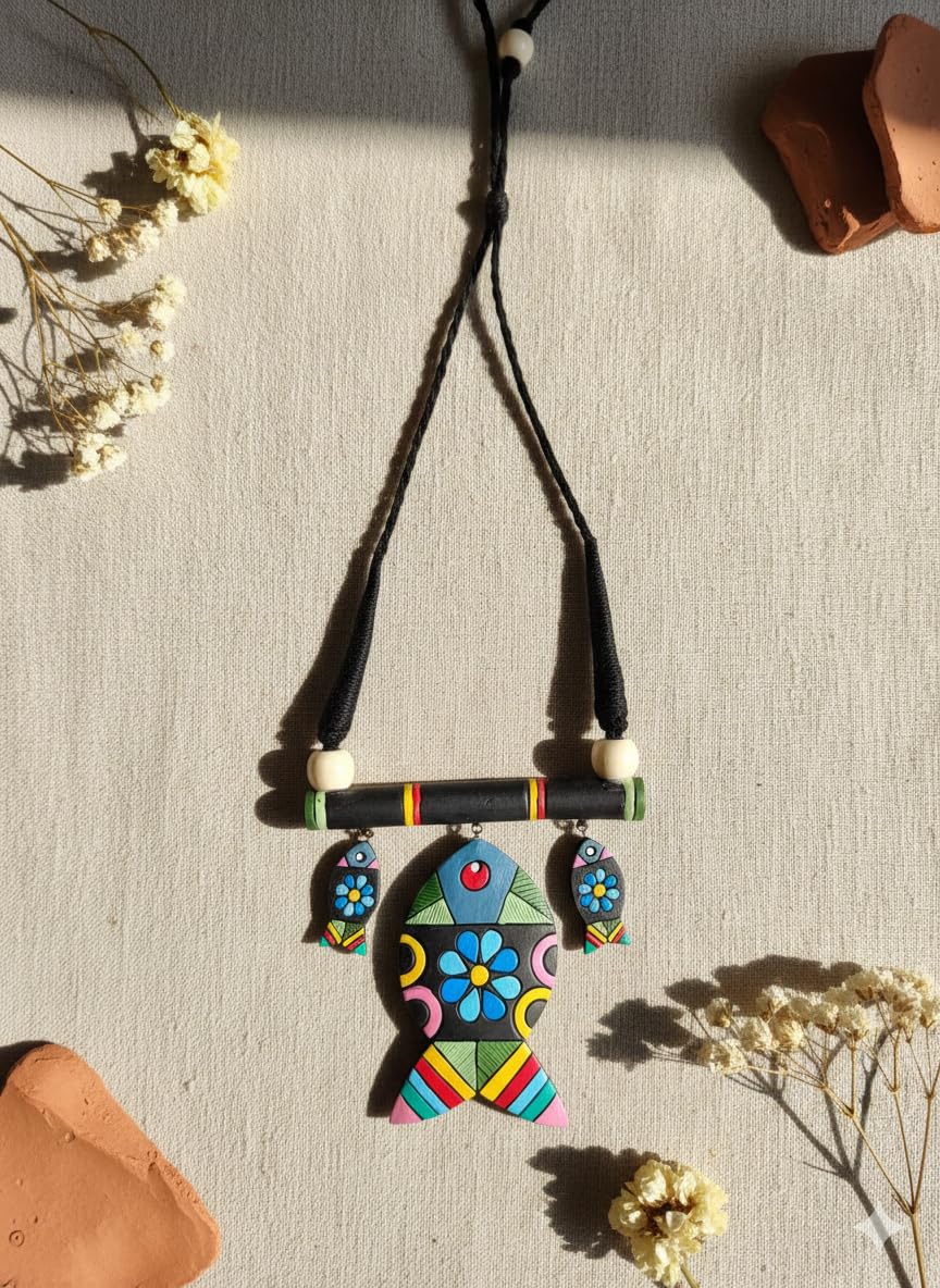 Terracotta Jewellery Set for Women – Handmade Multicolor Fish Design Necklace with Matching Earrings | Ethnic Tribal Boho Statement Jewellery