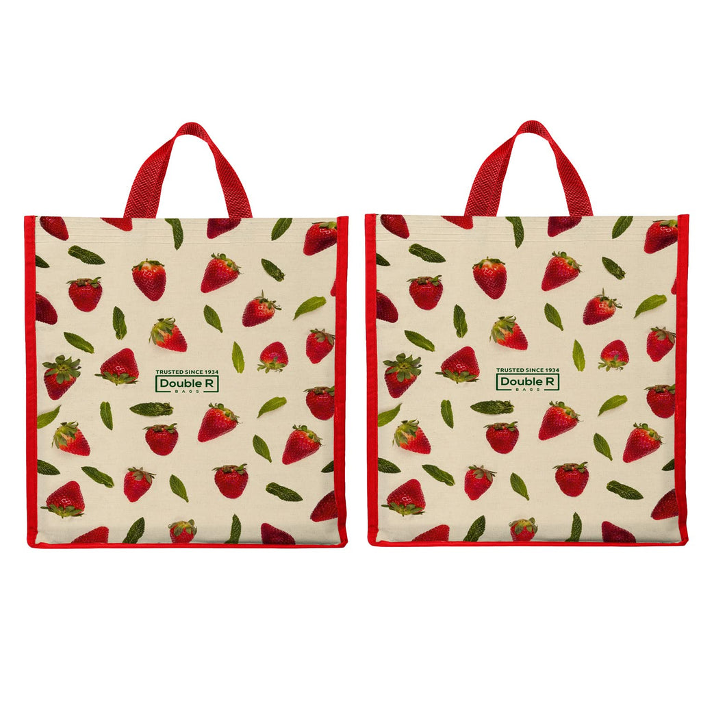 DOUBLE R BAGS Unisex Big Eco Cotton Canvas Shopping Bag for Grocery, Milk, Fruits & Vegetables | Reusable Tote with Reinforced Handles | Strawberry Print, 34x9.5x39.5 cm, 1 Compartment (Pack of 2)