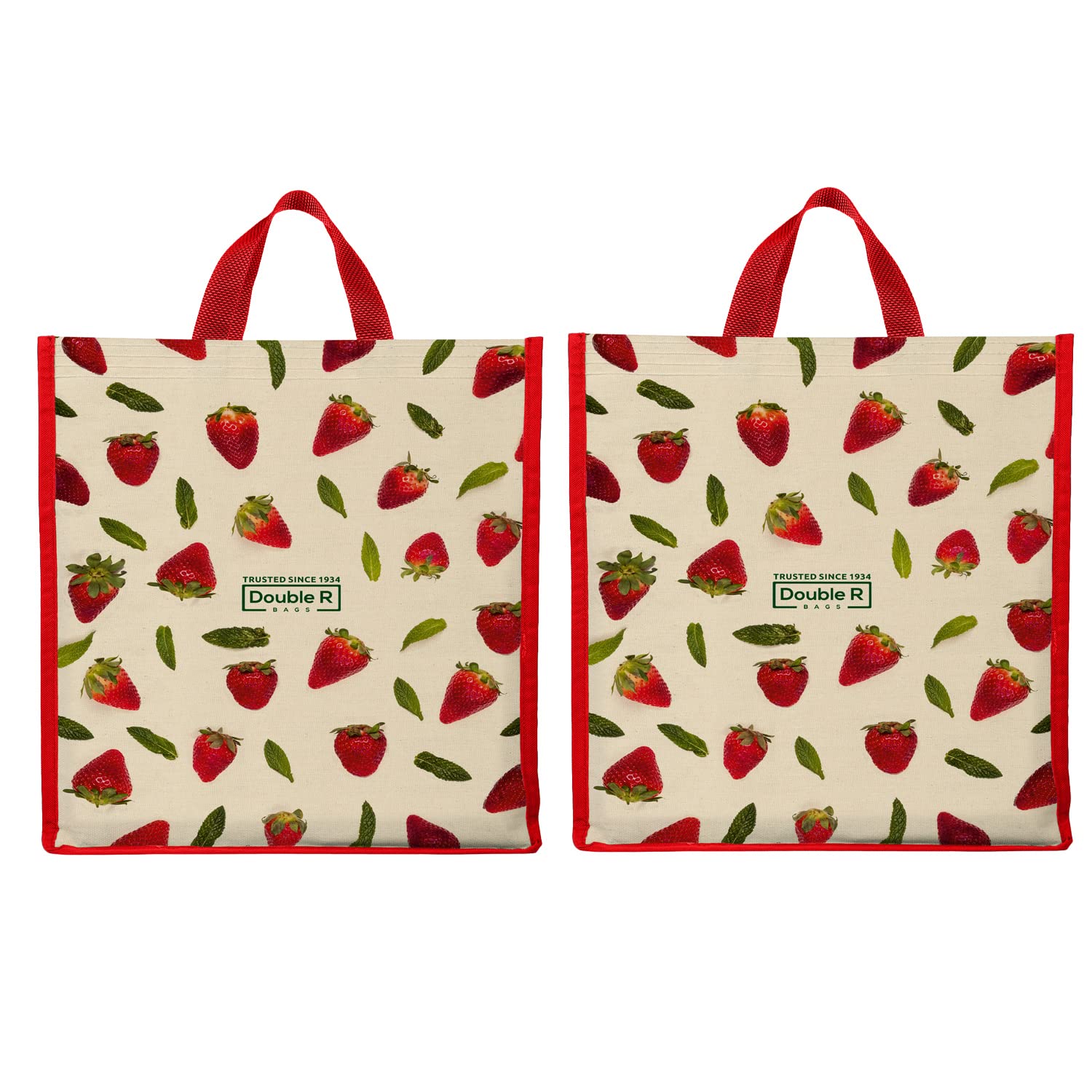 DOUBLE R BAGS Unisex Big Eco Cotton Canvas Shopping Bag for Grocery, Milk, Fruits & Vegetables | Reusable Tote with Reinforced Handles | Strawberry Print, 34x9.5x39.5 cm, 1 Compartment (Pack of 2)