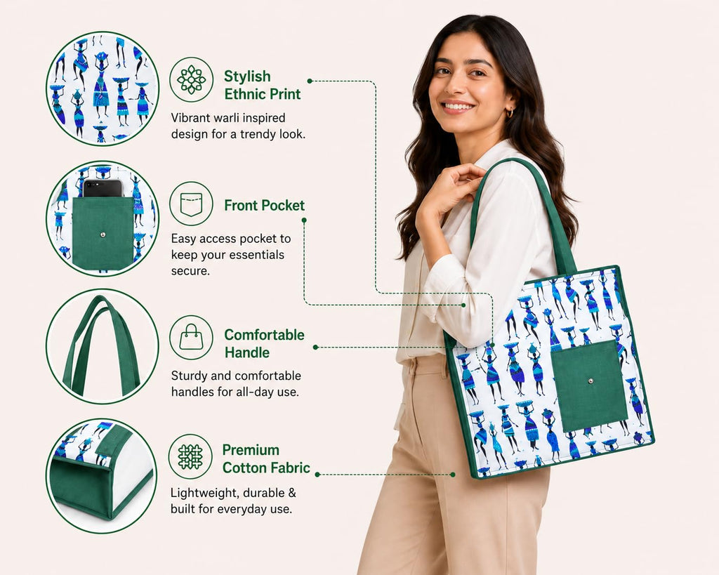Vaishnavi Solapur Creations Warli Printed Cotton Tote Bag for Women | Ethnic Handmade Shoulder Handbag | Reusable Eco-Friendly Shopping & Daily Use Bag (peacock feather color)