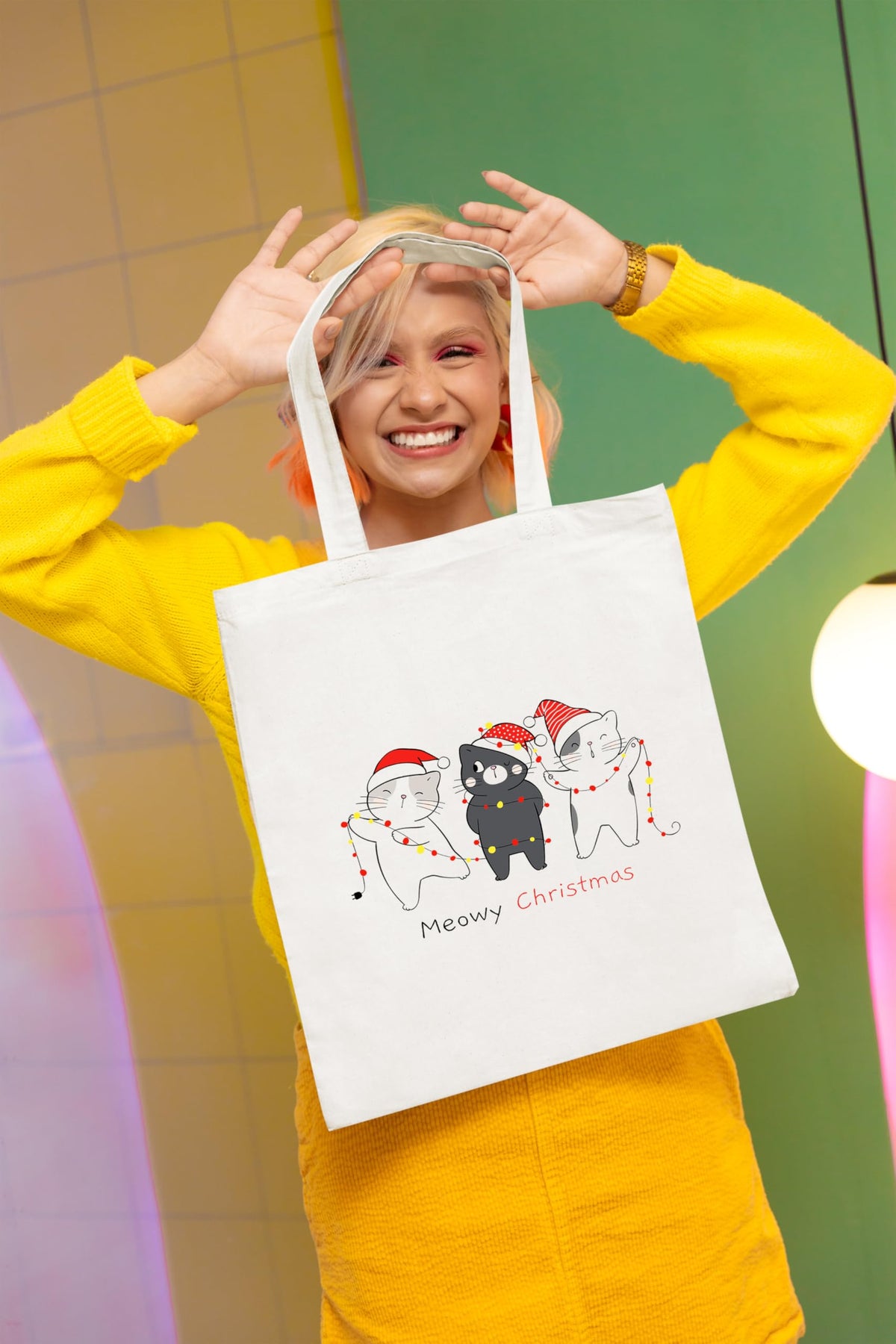 Happu-White Cotton Canvas Tote Bag with Zip | Happy Christmas Festive Print | Reusable, Washable & Eco-Friendly Multi-Purpose Tote for Women & Girls HPK-3439