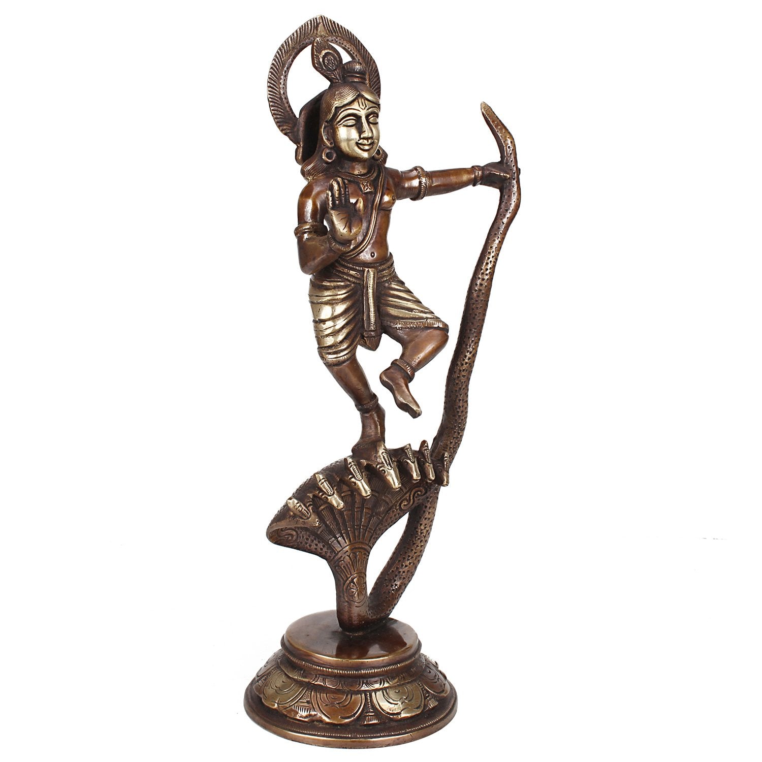 SVARUP Brass Krishna Bhagwan Krishan Murti Dancing on Kaliya Naag Statue for Home Decor Temple Pooja Gift 13 Inch Copper Gold
