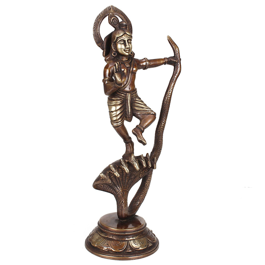 ARTVARKO Brass Dancing Krishna on Kaliya Naag Sheshnag Idol Krishan Decorative Showpiece Figurine for Pooja Room & Gift 13 Inch