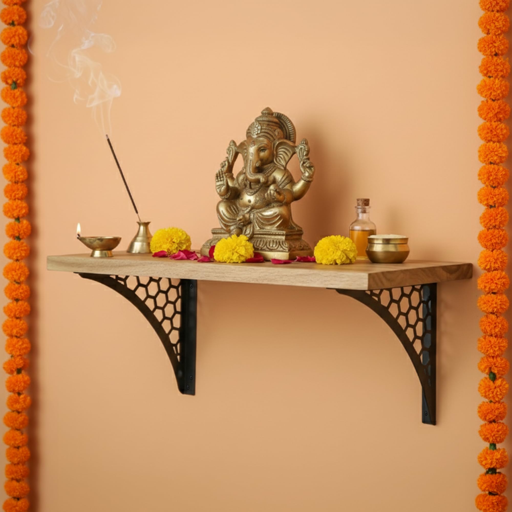 Spillbox Wooden Pooja Home Temple|White Metal Shelf |Wall Mountable|Easy Screw Assembly|Home Temple for Puja Room |Pooja Stand | Mandir-Hexagon (Large Black)