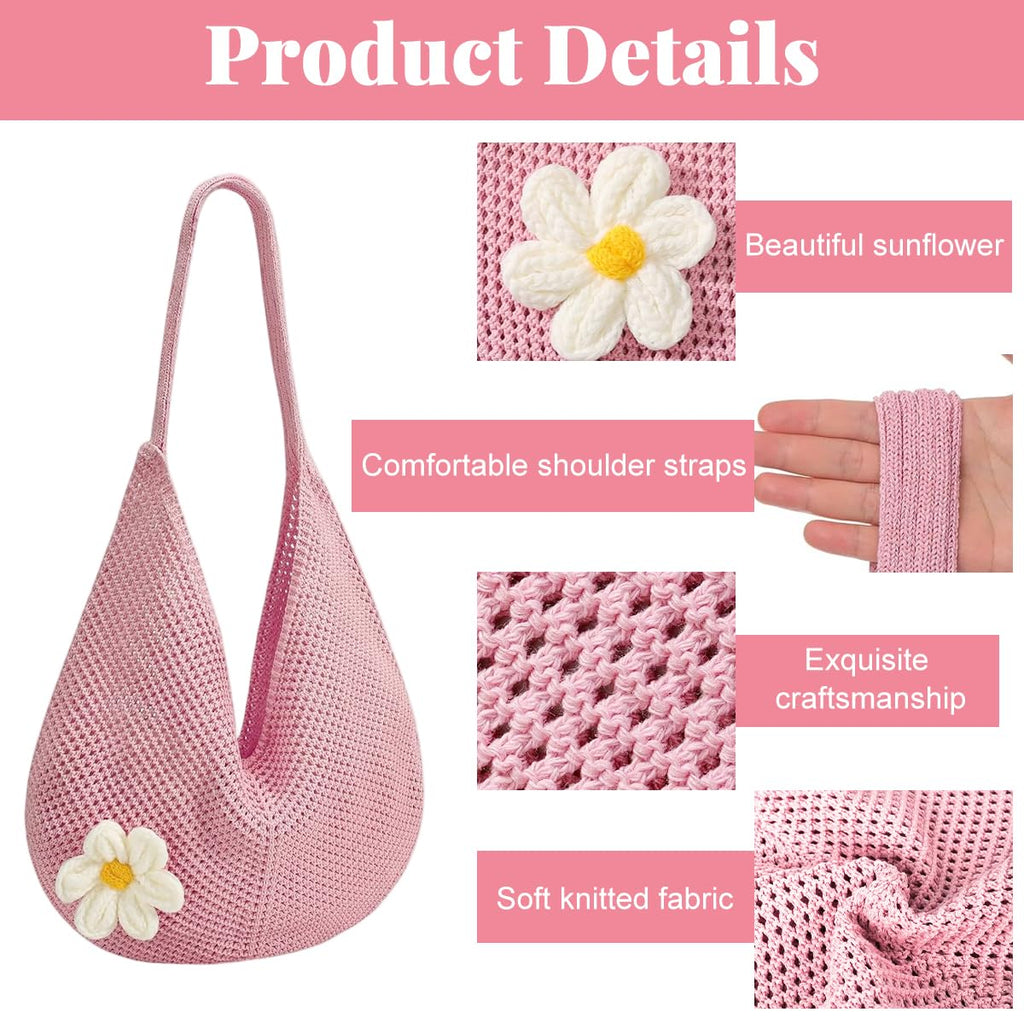 PALAY® Crochet Bags for Women Stylish Pink Mesh Straw Tote Bag with Flower Brooch Summer Vacation Knitted Beach Handbag for Woman