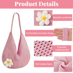 PALAY® Crochet Bags for Women Stylish Pink Mesh Straw Tote Bag with Flower Brooch Summer Vacation Knitted Beach Handbag for Woman