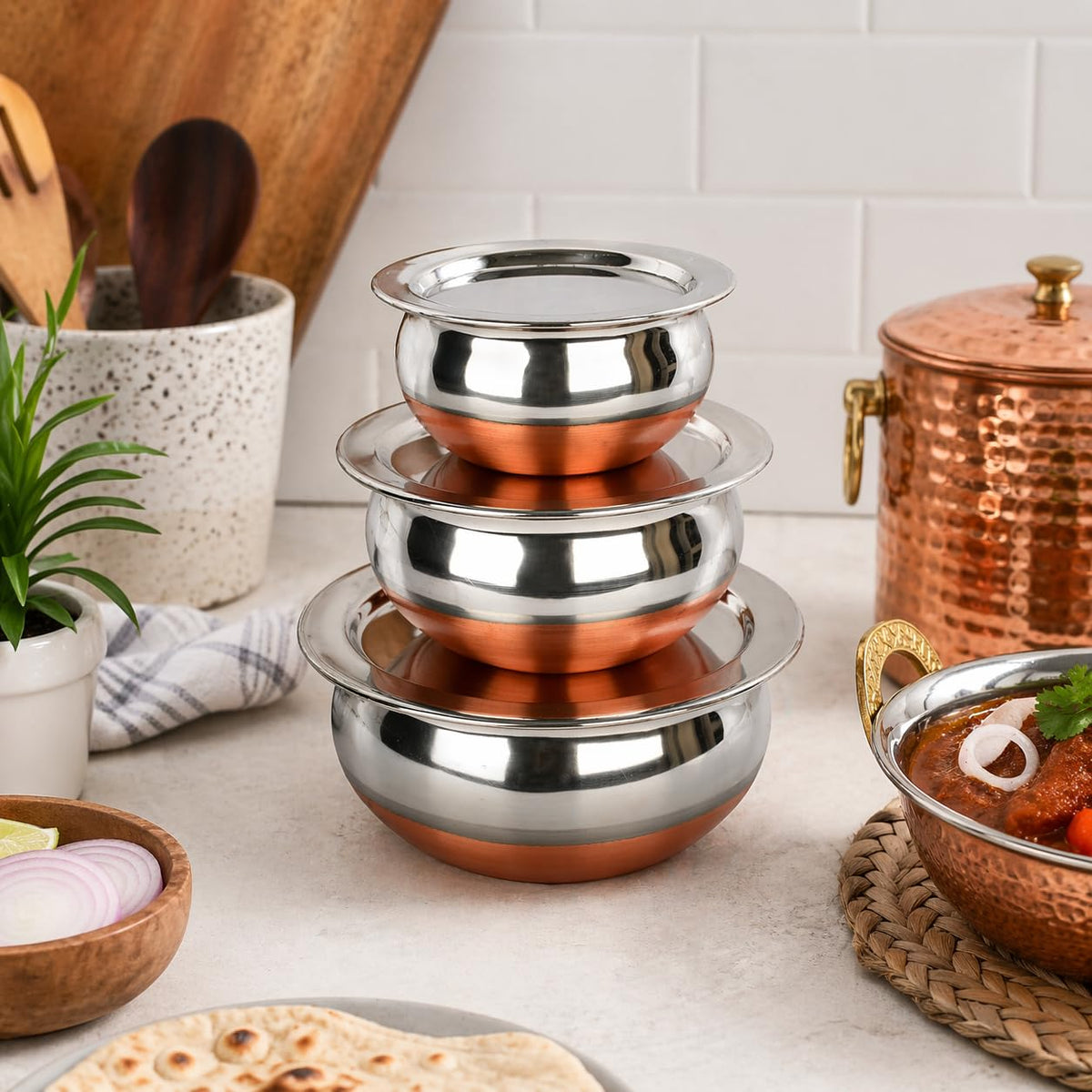GlamourShop Steel Magic Copper Bottom Handi/Urli Set, Cookware Set Induction Bottom Cookware Set, Stainless Steel, Copper Handi Set of 3 (800, 1100, 1600 ML)