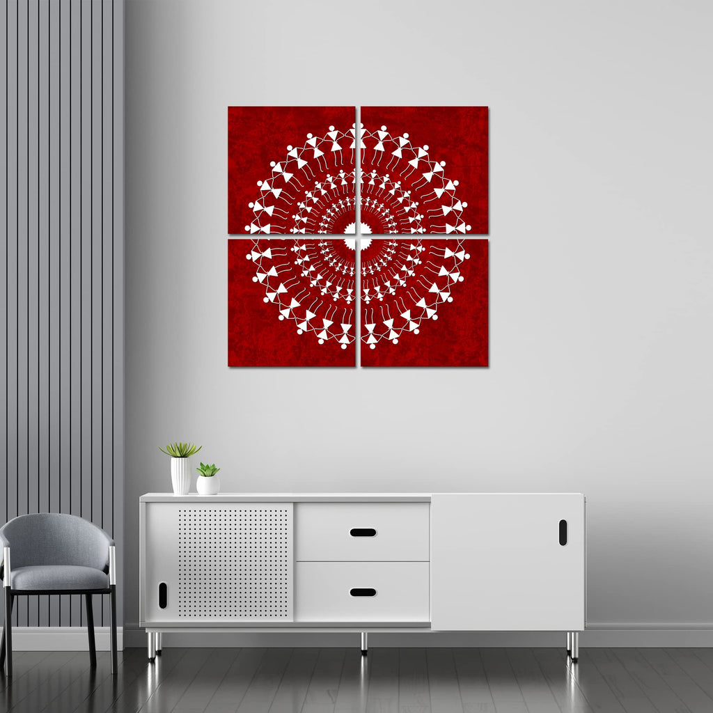 VIBECRAFTS Warli Art 4 Pieces Canvas Wall Hanging Painting Fitted With Wooden Frame For Home | Office | Living Room | Gifts (PTVC4Pcs5_16601)