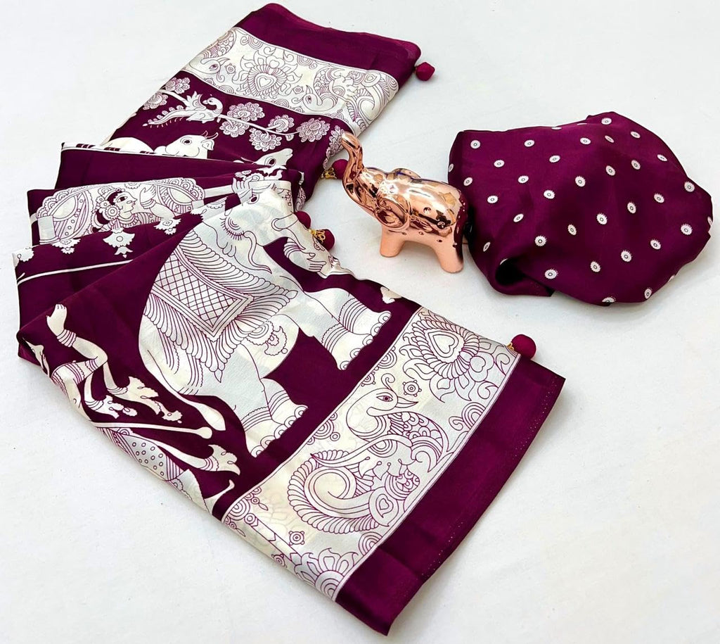 BRAHMAKHODAL Crepe Silk Saree Beautiful Ajrakh Kalamkari Print Design With Blouse Piece (Wine11)