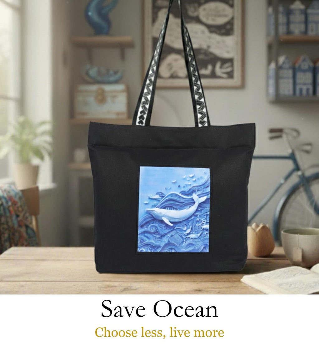 WOTM On The Move Tote | Premium Printed Cotton Canvas Tote Bag with Zipper & Inside Pocket, Stylish Everyday Travel Bag for Work, College, Office, Travel, Shopping (Save Ocean)