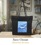 WOTM On The Move Tote | Premium Printed Cotton Canvas Tote Bag with Zipper & Inside Pocket, Stylish Everyday Travel Bag for Work, College, Office, Travel, Shopping (Save Ocean)