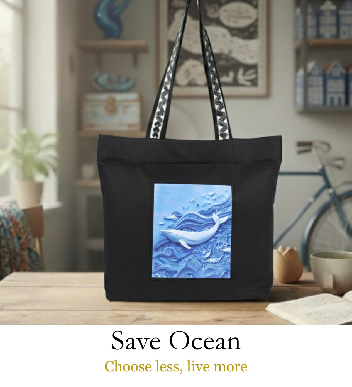 WOTM On The Move Tote | Premium Printed Cotton Canvas Tote Bag with Zipper & Inside Pocket, Stylish Everyday Travel Bag for Work, College, Office, Travel, Shopping (Save Ocean)