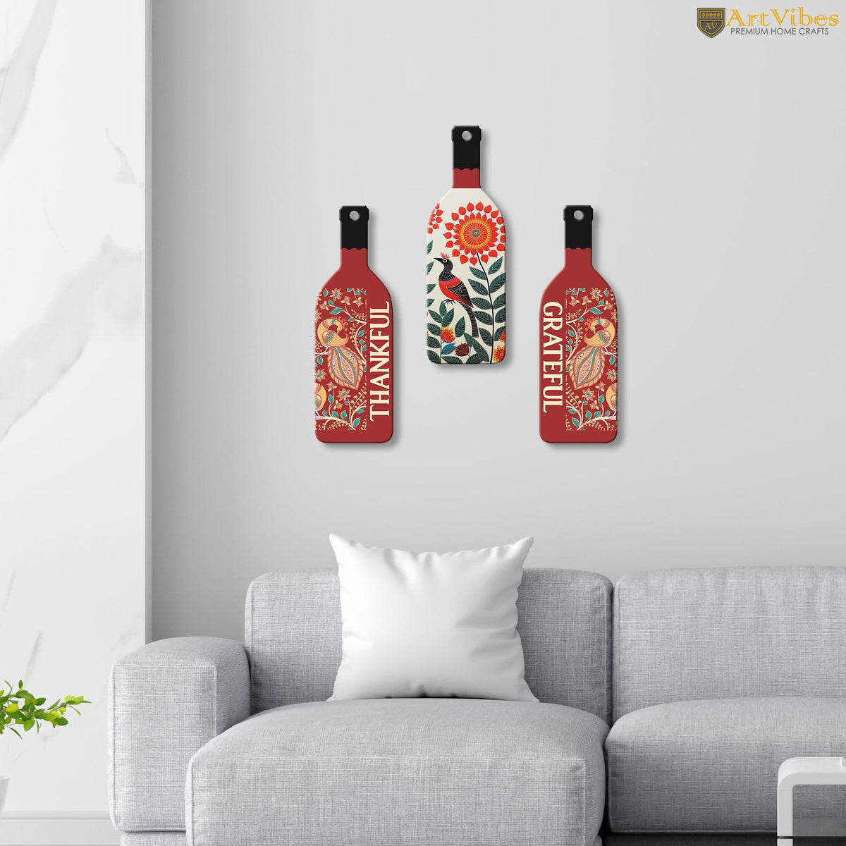 Artvibes Thankful Grateful Decor Decorative Wall Hanging Ornaments | Quotes Decor Item | Wall Accent | Office Decor | Inspirational Quotes Wall Art | Mdf Wall Decoration | Gifts (WH_9522N), Set of 3