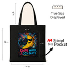 Kirmada Black Cotton Tote Bag | Swag Wahi Soch Nayi Design | Trendy Desi Humor Tote for College, Shopping & Daily Use | Zipper Closure | Reusable Eco Friendly Gift for Girls & Boys