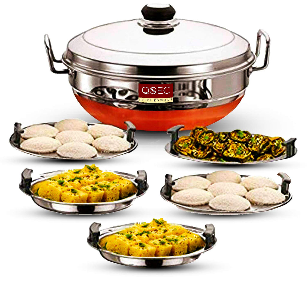 QSEC Stainless Steel 5 plate - 29 cm Idli Maker Multi Kadai with Copper Bottom, 5L Heavy Gauge Idli steamer set, 5 Plates (2 Idli, 2 Dhokla, 1 Momo & Patra Steamer ), Gas Stove , Food Grade, 2 Year Warranty