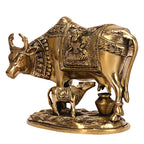 ARTVARKO Brass Laxmi Ganesha Engraved Cow and Calf Statue Kamdhenu Gau MATA Idol, Spiritual Vastu Nandi Pooja Decor, Gold Color 8 Inch