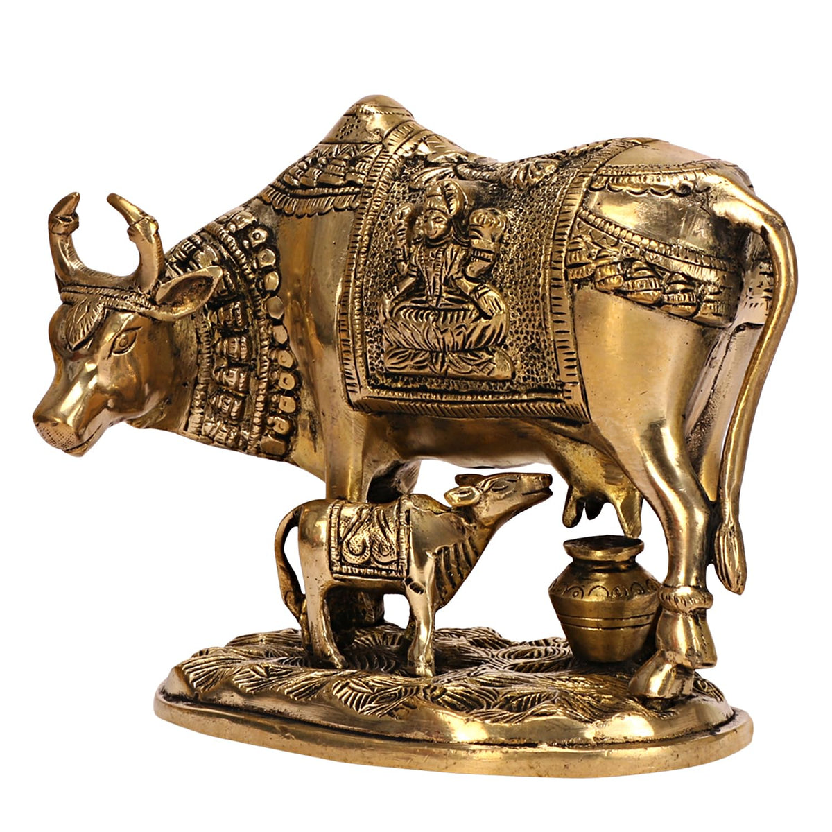 ARTVARKO Brass Laxmi Ganesha Engraved Cow and Calf Statue Kamdhenu Gau MATA Idol, Spiritual Vastu Nandi Pooja Decor, Gold Color 8 Inch