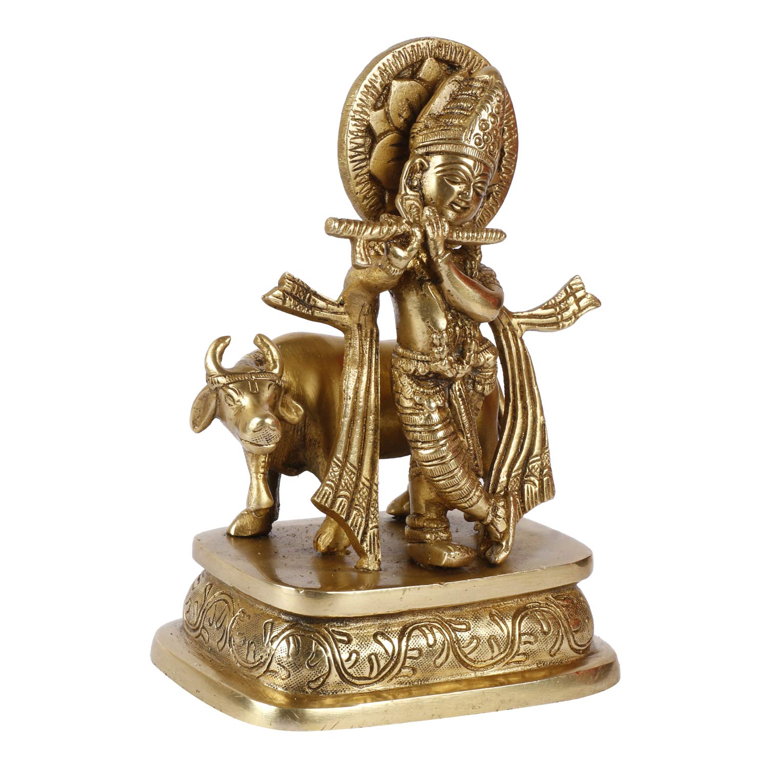 SVARUP Brass Krishna Bhagwan Idol with Gau MATA in Gold Color Height 6.5 Inch