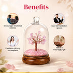 BhagyaG Rose Quartz Crystal Tree with Glass Dome & Wooden Base | Natural Pink Rose Quartz Gemstone Tree Showpiece for Home, Office & Décor | Love & Harmony Gift