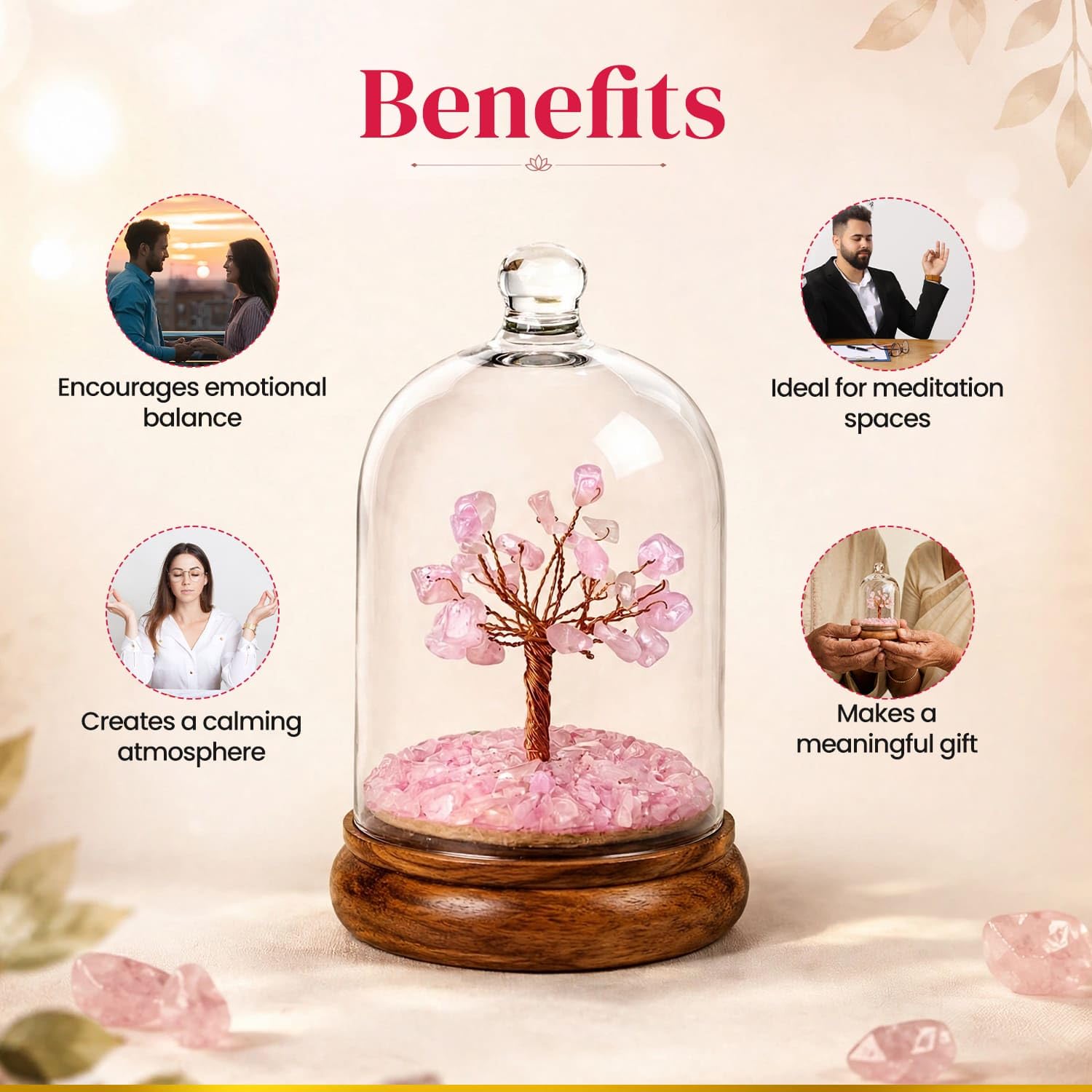 BhagyaG Rose Quartz Crystal Tree with Glass Dome & Wooden Base | Natural Pink Rose Quartz Gemstone Tree Showpiece for Home, Office & Décor | Love & Harmony Gift