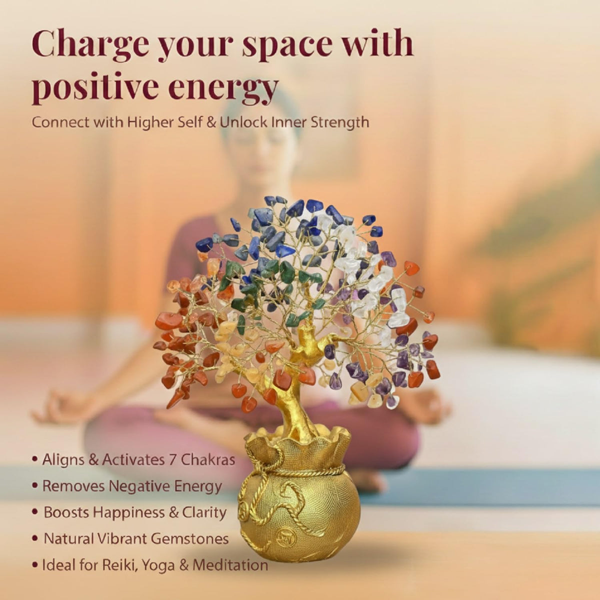 JD FRESH Feng Shui 7 Chakra Crystal Tree with Golden Money Bag Base/Natural Gemstone Decorative Showpiece Bonsai Tree for Home & Office Décor, Good Luck Diwali Gift, Wealth & Prosperity