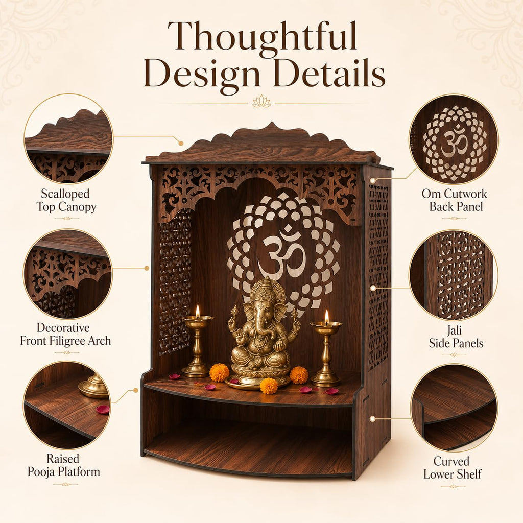 The Castle Decor Wooden Mandir for Home, Wall Hanging & Tabletop Pooja Temple with Om Cutwork Back Panel, Jali Side Panels, Open Storage Shelf, Pooja Room, Office, Hostel, 10x22.2x18 Inch