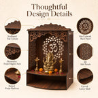 The Castle Decor Wooden Mandir for Home, Wall Hanging & Tabletop Pooja Temple with Om Cutwork Back Panel, Jali Side Panels, Open Storage Shelf, Pooja Room, Office, Hostel, 10x22.2x18 Inch