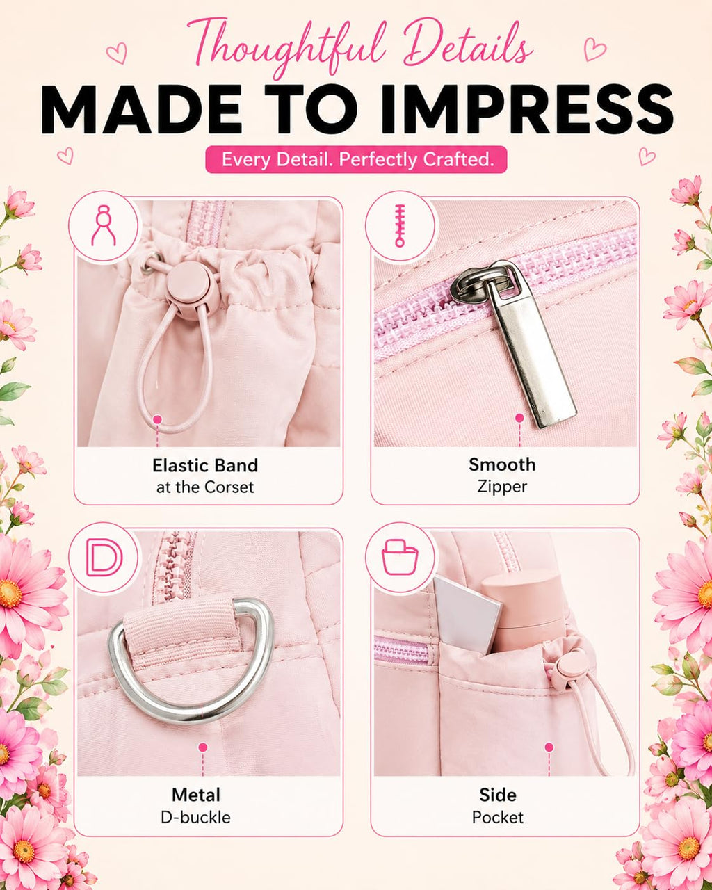 LITTLE CURIOUS Women's Travel Duffel Bag | Travel Water-Resistant PufferTote Bag | Gym Bag with Adjustable Shoulder Strap & Trolley Sleeve for Travel (Pink)