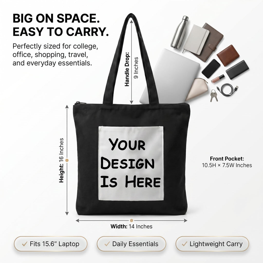 Kirmada Black Cotton Tote Bag Trendy Tech Humor Tote for College, Office & Shopping | Zipper Closure | Reusable Eco Friendly Cotton Bag | Gift for Geeks & Coders (Customisable)