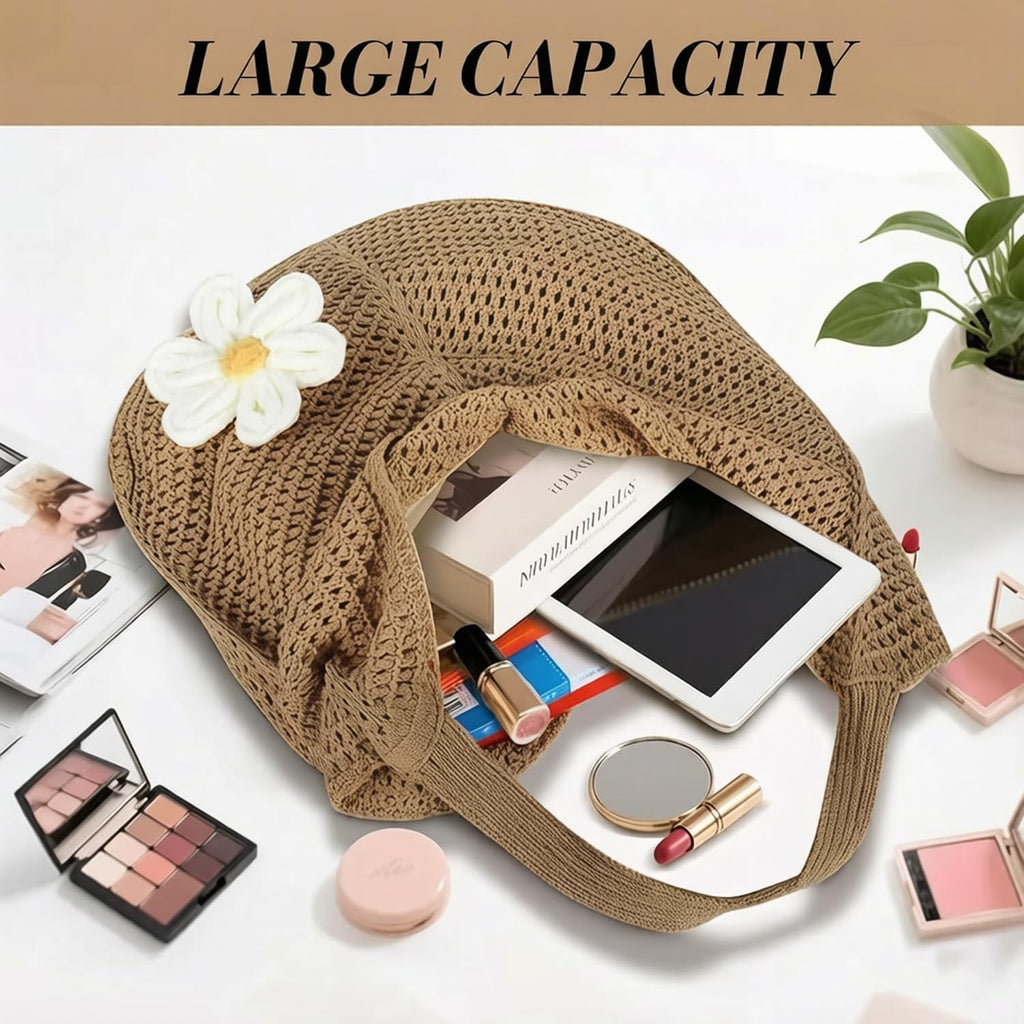 Cybersnc Tote Bag for Women Crochet Mesh Beach Shoulder Bag Knitted Summer Vacation Handbag with Flower Brooch Lightweight Large Capacity Shopping Tote Bag for Travel Casual Daily Use