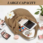 Cybersnc Tote Bag for Women Crochet Mesh Beach Shoulder Bag Knitted Summer Vacation Handbag with Flower Brooch Lightweight Large Capacity Shopping Tote Bag for Travel Casual Daily Use