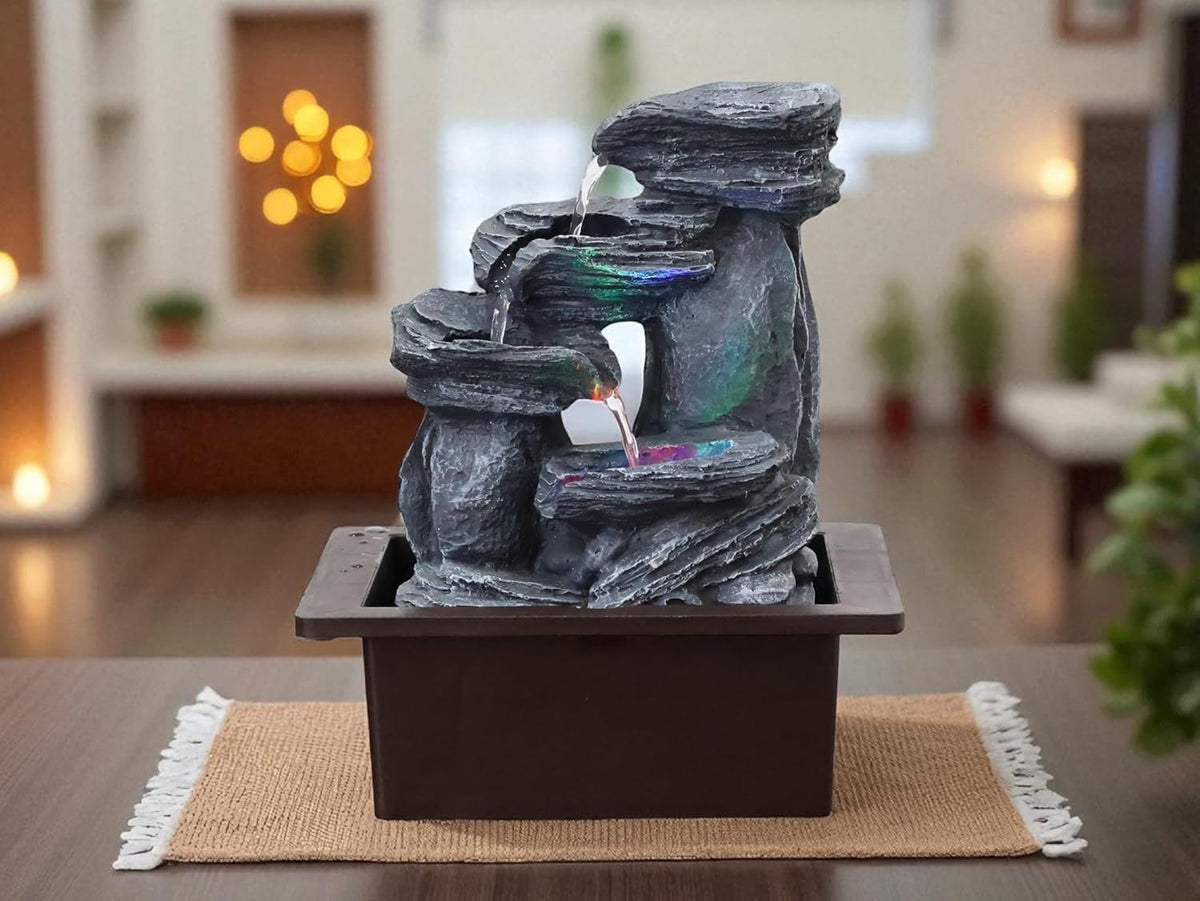 KridayKraft Rock Waterfall Design Table top Colour Changing Lights Fountain Polyresin Showpiece for Home Garden Living Room Decor Decoration Gift Items, 26 CM 1.3 kg