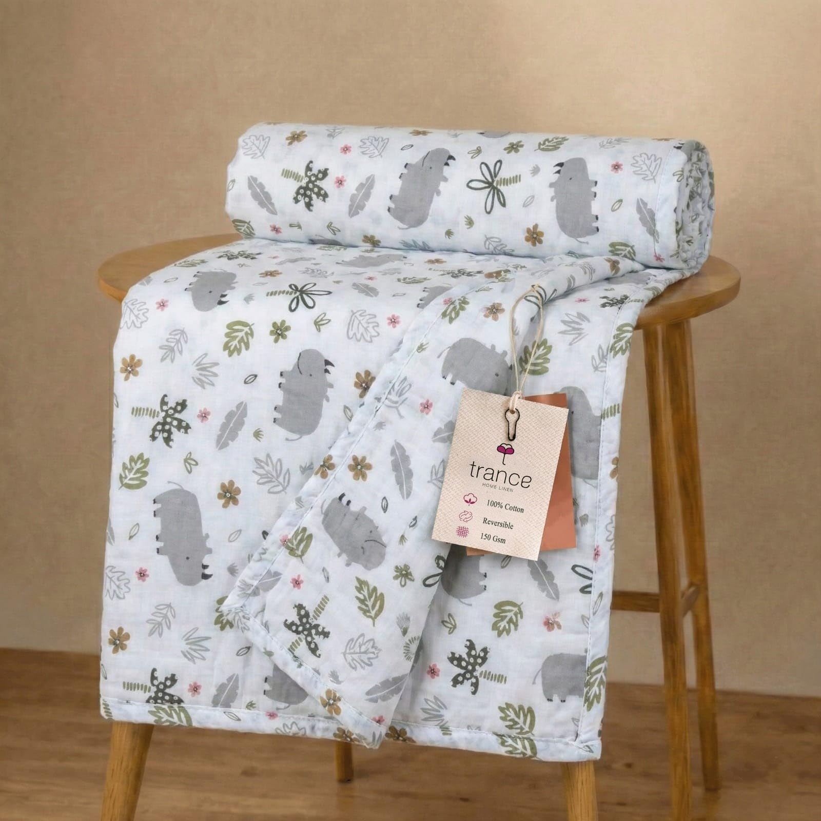 Trance Home Linen 100% Cotton | New Born Baby Blanket | Baby Dohar Swaddler Comforter | Warm Baby Essential (1 Month to 12 Months 100x70 Centimeters | Grey Hippo) Kafalo