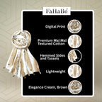 FAHABO Scarf Woman Floral Print Premium Mal Mal Textured Cotton Scarves with Tassels | Hijab Scarf | Headscarf | Neck Scarf | Stoles | Wraps | Size 71 L x 33 W (Elegance Cream, Brown)