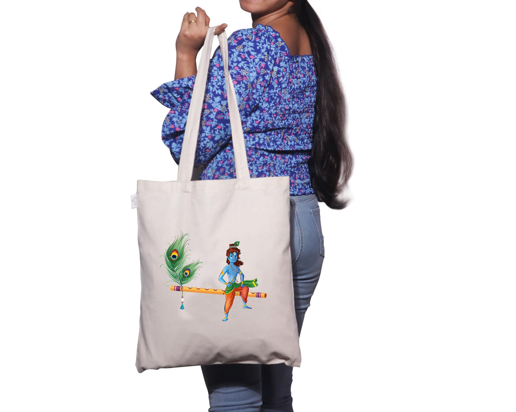 Gift a Joy Krishna On Flute Printed Cotton Canvas Tote Bag for Women | Reusable Eco-Friendly Shoulder Shopping Bag | Office, College, Travel & Everyday Use