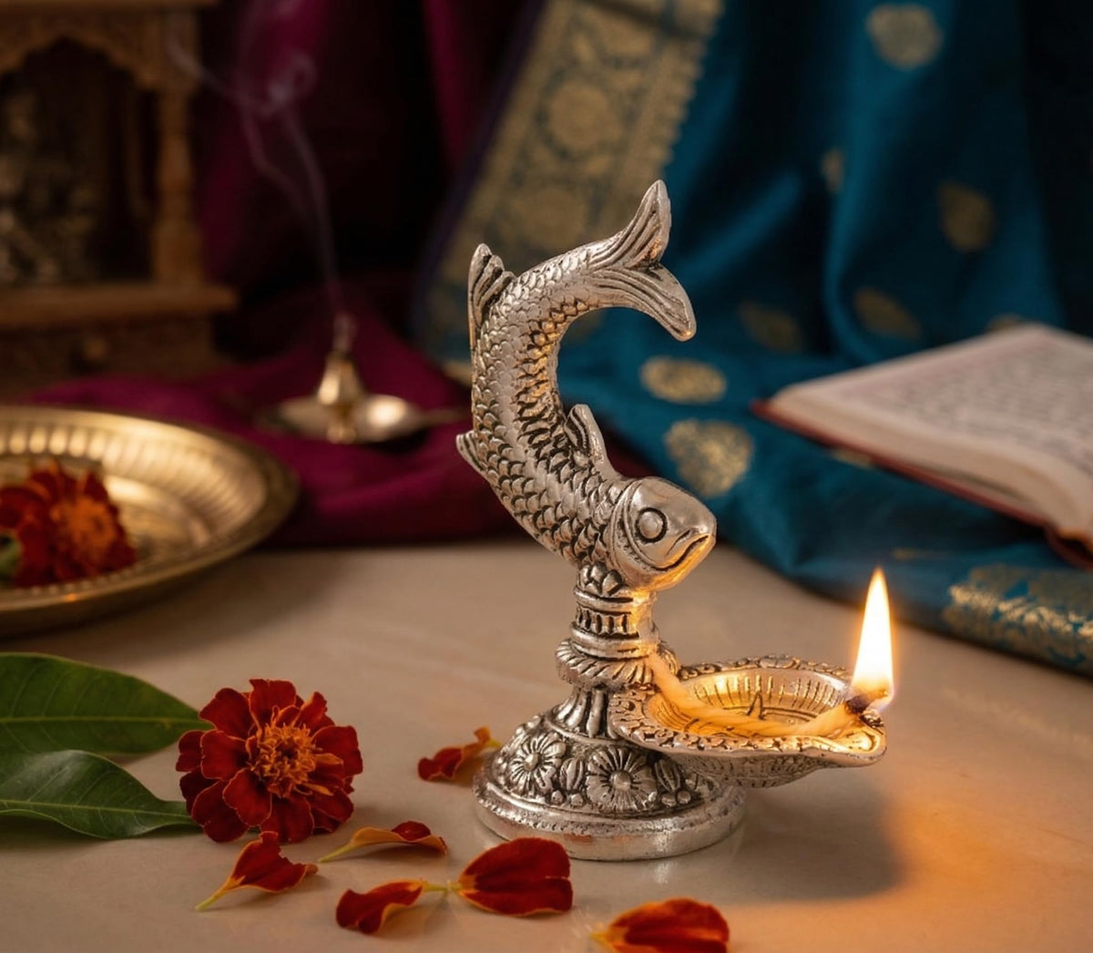 Kridaykraft Fish Diya, Silver, Aluminium, Metallic Silver Finish, 12 cm Height, Traditional Oil Lamp for Puja & Festive Decor