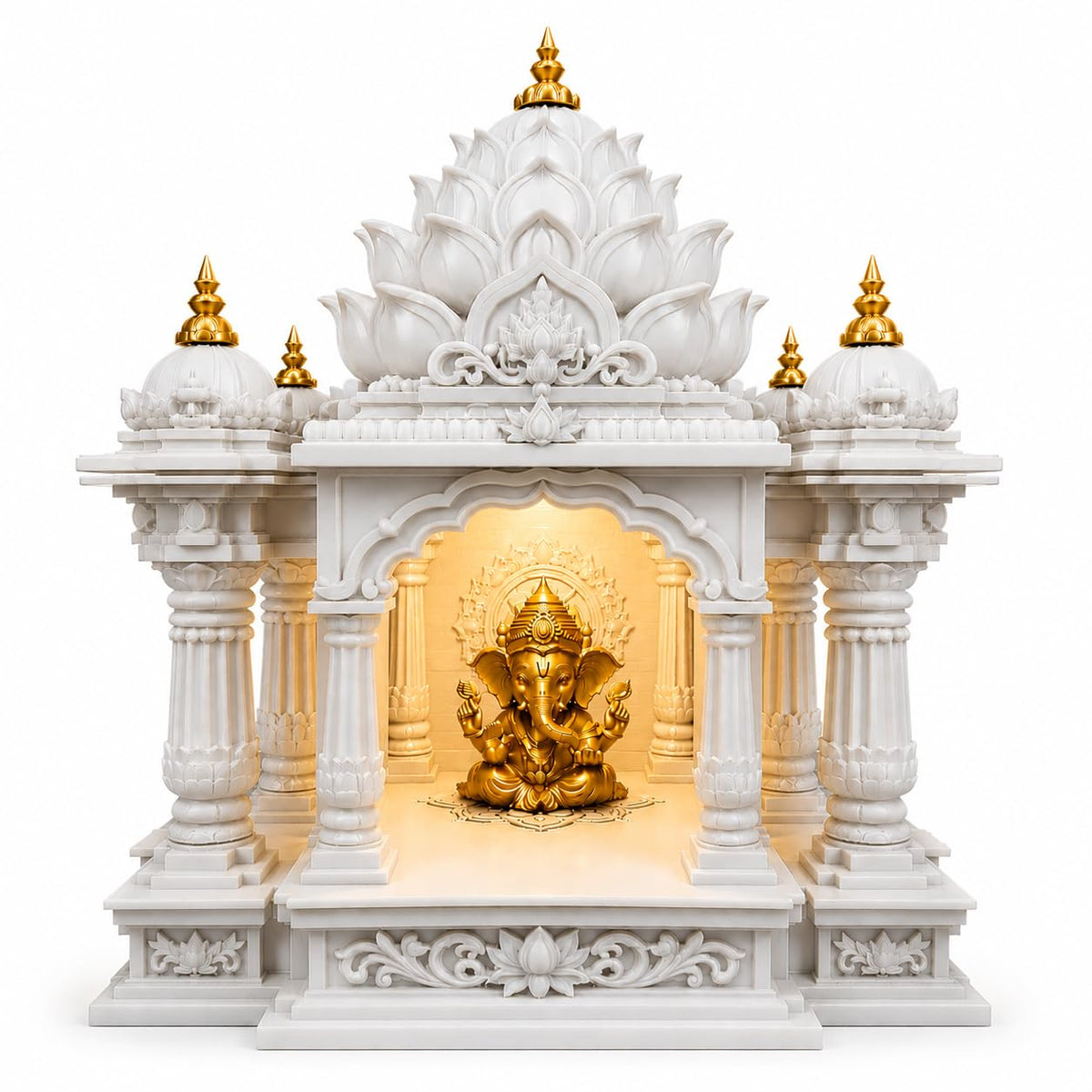 Premium Lotus Mandir for Home Decor | LED Temple | Customizable (Hanuman, Marble White, Small)